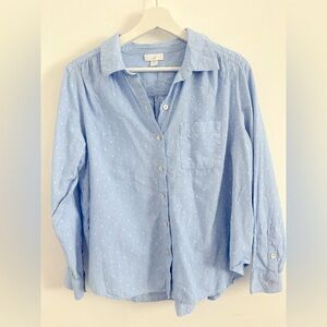 J Jill Blouse Shirt  Sz M Petites Blue Button Up Collared Cotton polka dot embro